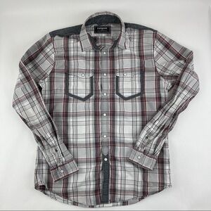 Express Pearl Snap Shirt Mens Medium Gray Plaid Pockets Long Sleeve
